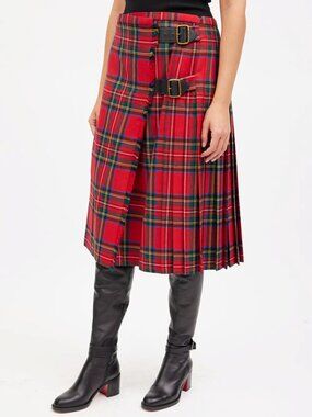 House of Cashmere tartan plaid wrap midi skirt red, black women's size S